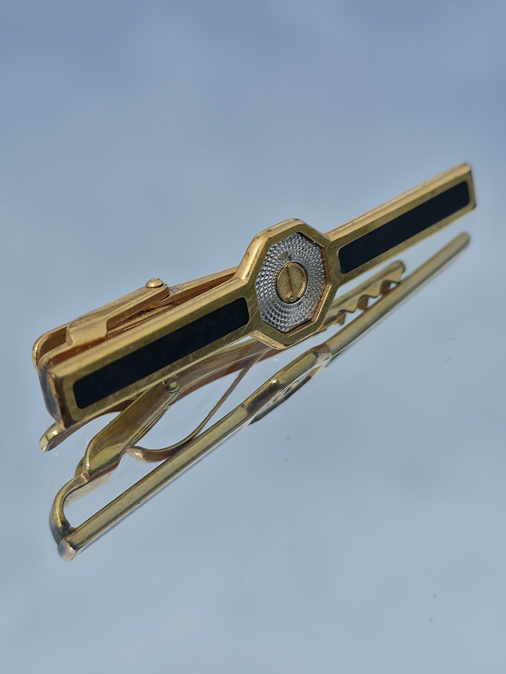 Vintage Dunhill Gold Tone Black Lacquer Octagon Geometric Tie Clip Bar
